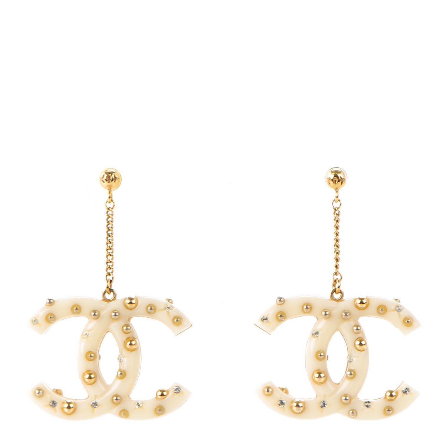 Chanel Resin Crystal CC Drop Earrings Gold Cream 1 of 5