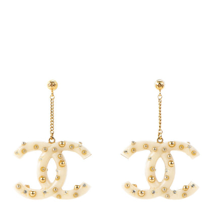 Chanel Resin Crystal CC Drop Earrings Gold Cream 1 of 5