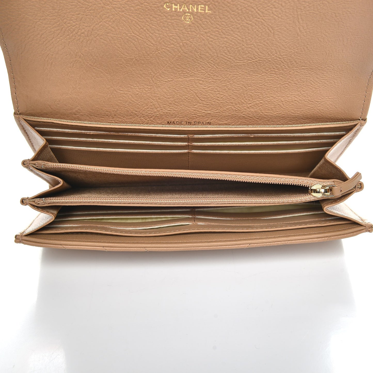 Grained Calfskin Chevron Quilted Large Flap Wallet Beige