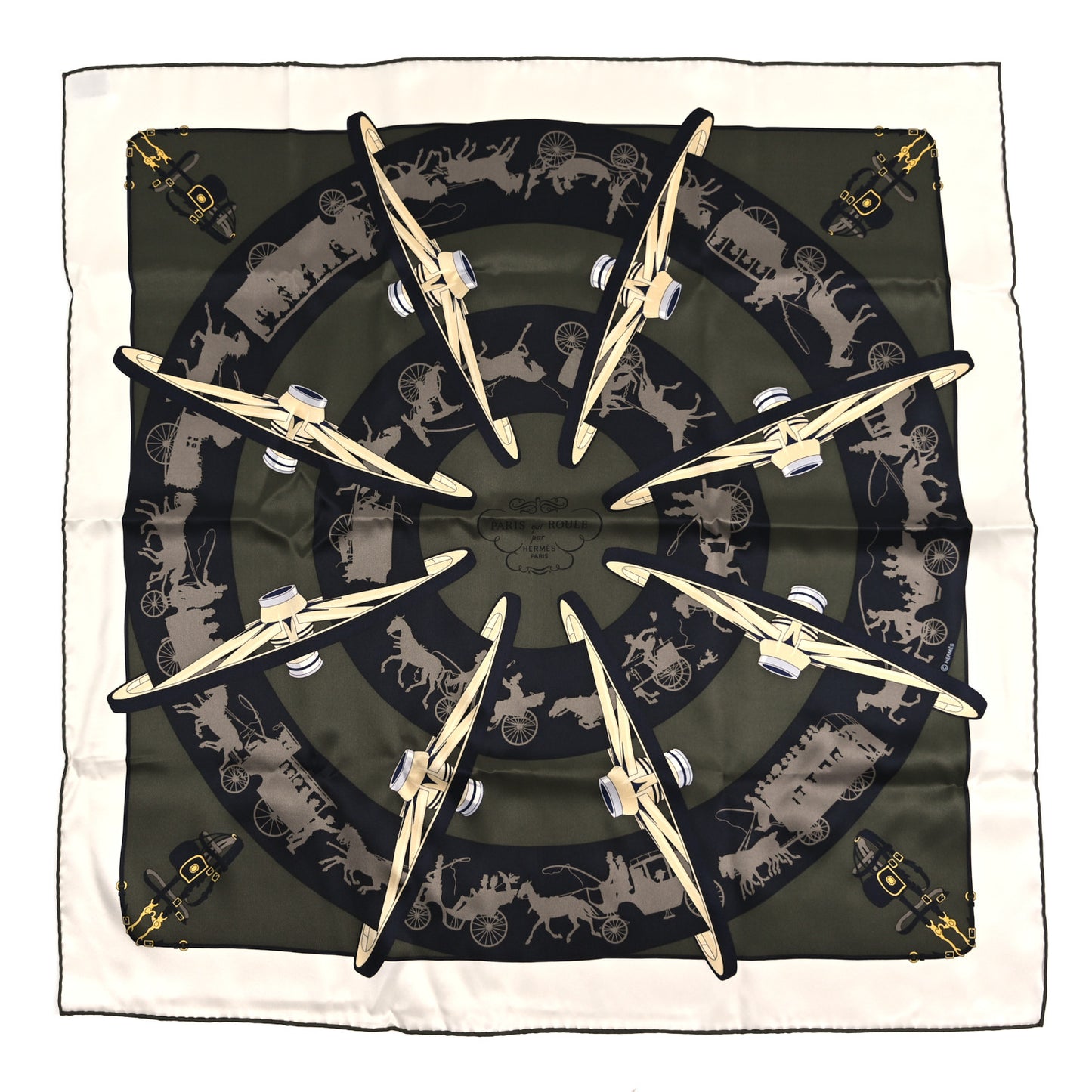 Silk Paris Qui Roule Scarf 70 White Vert Loden Etoupe