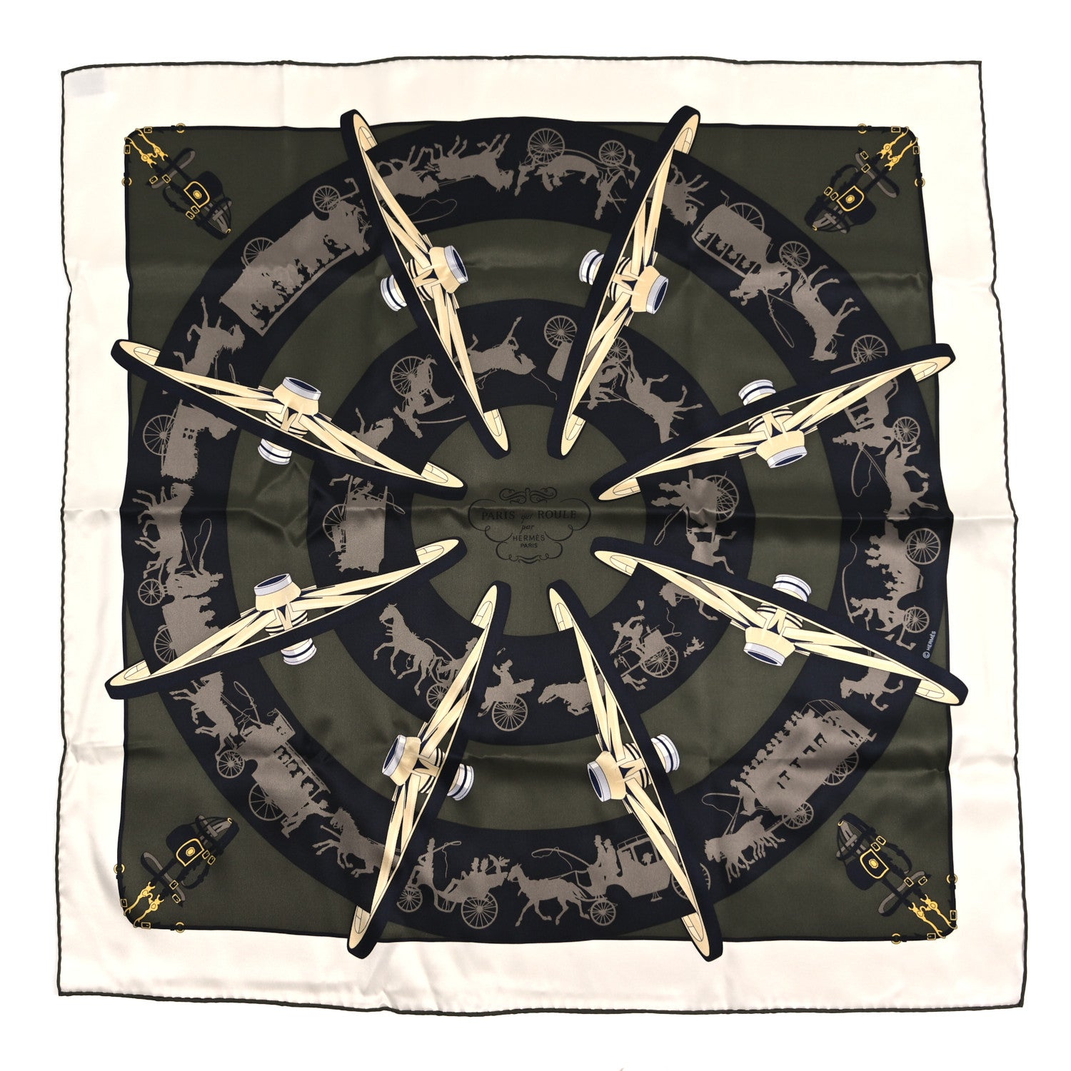 Hermes Silk Paris Qui Roule Scarf 70 White Vert Loden Etoupe 1 of 4