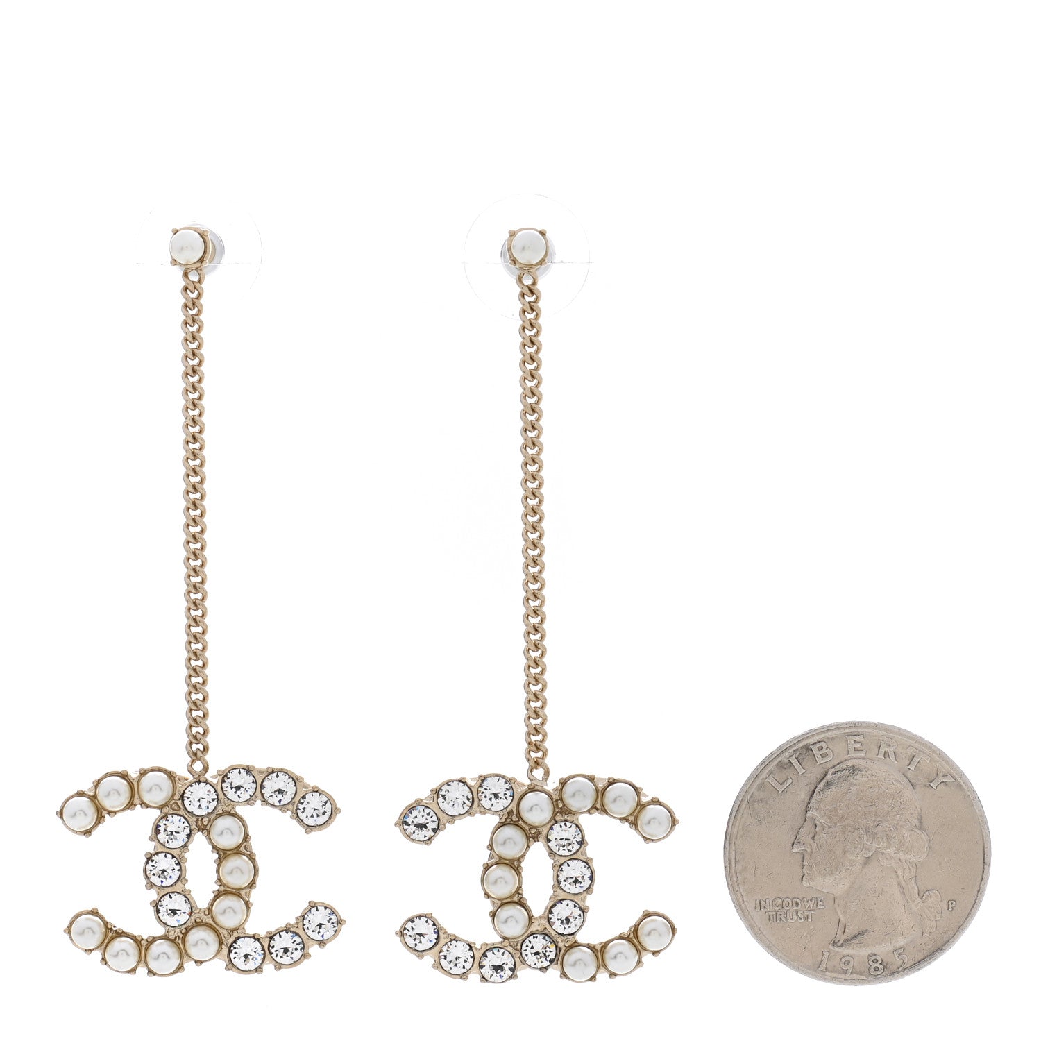 Chanel Crystal Pearl Dazzling Domino Drop Earrings Matte Gold 2 of 5