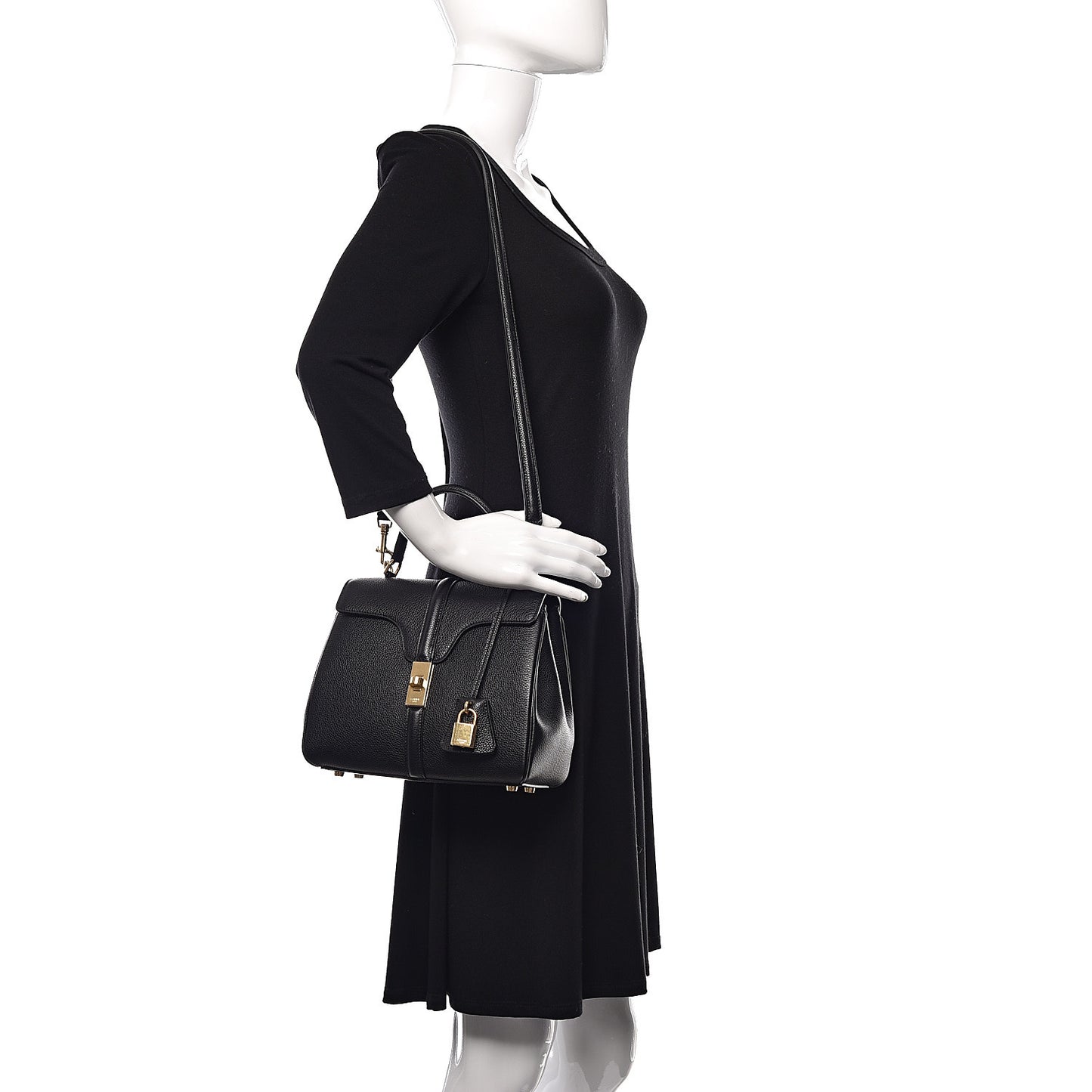 Grained Calfskin Small 16 Top Handle Bag Black