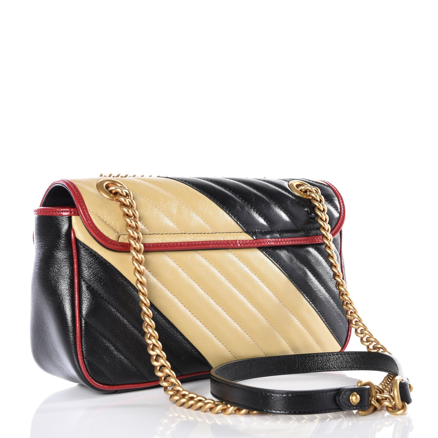 Gucci Vintage Effect Calfskin Matelasse Diagonal Striped Small Torchon GG Marmont Shoulder Bag Black Beige 2 of 10