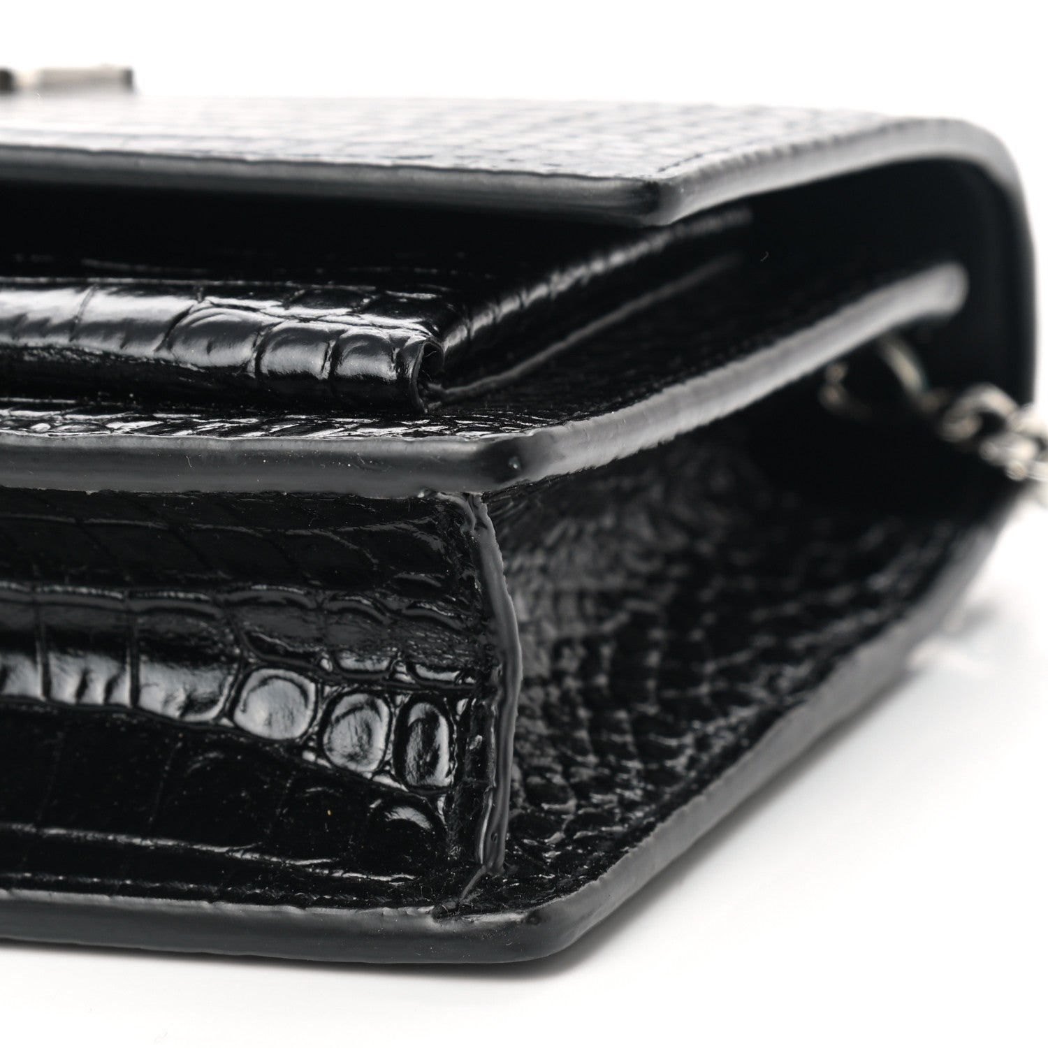 Saint Laurent Calfskin Crocodile Embossed Monogram Sunset Top Handle Chain Wallet Black 9 of 9