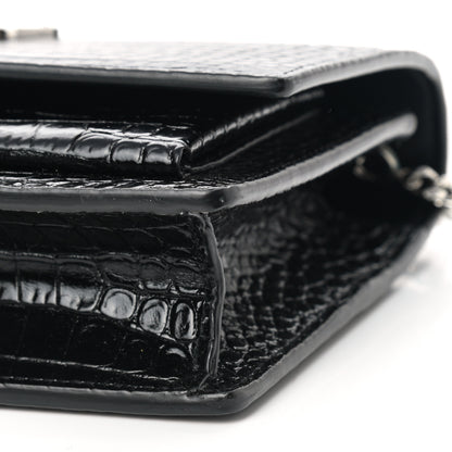Saint Laurent Calfskin Crocodile Embossed Monogram Sunset Top Handle Chain Wallet Black 9 of 9