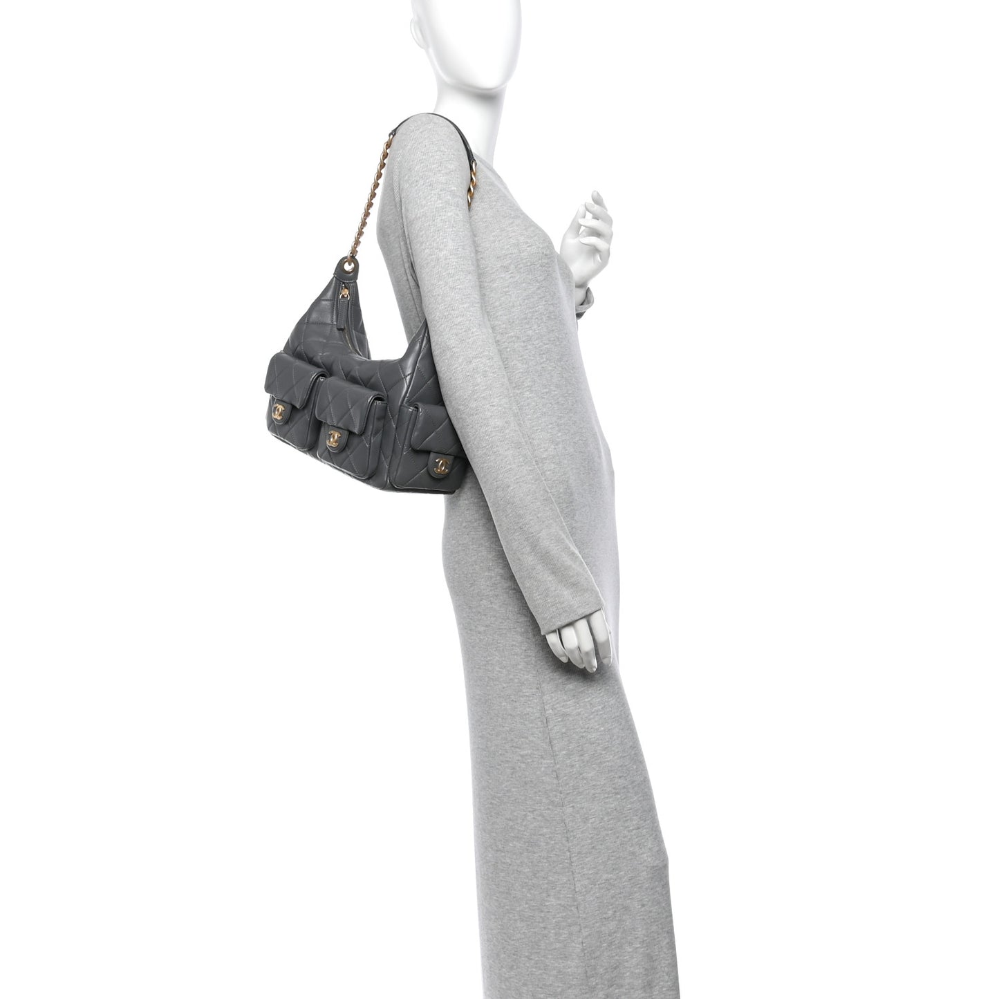 Shiny Lambskin Quilted Trendy Pockets Hobo Dark Grey