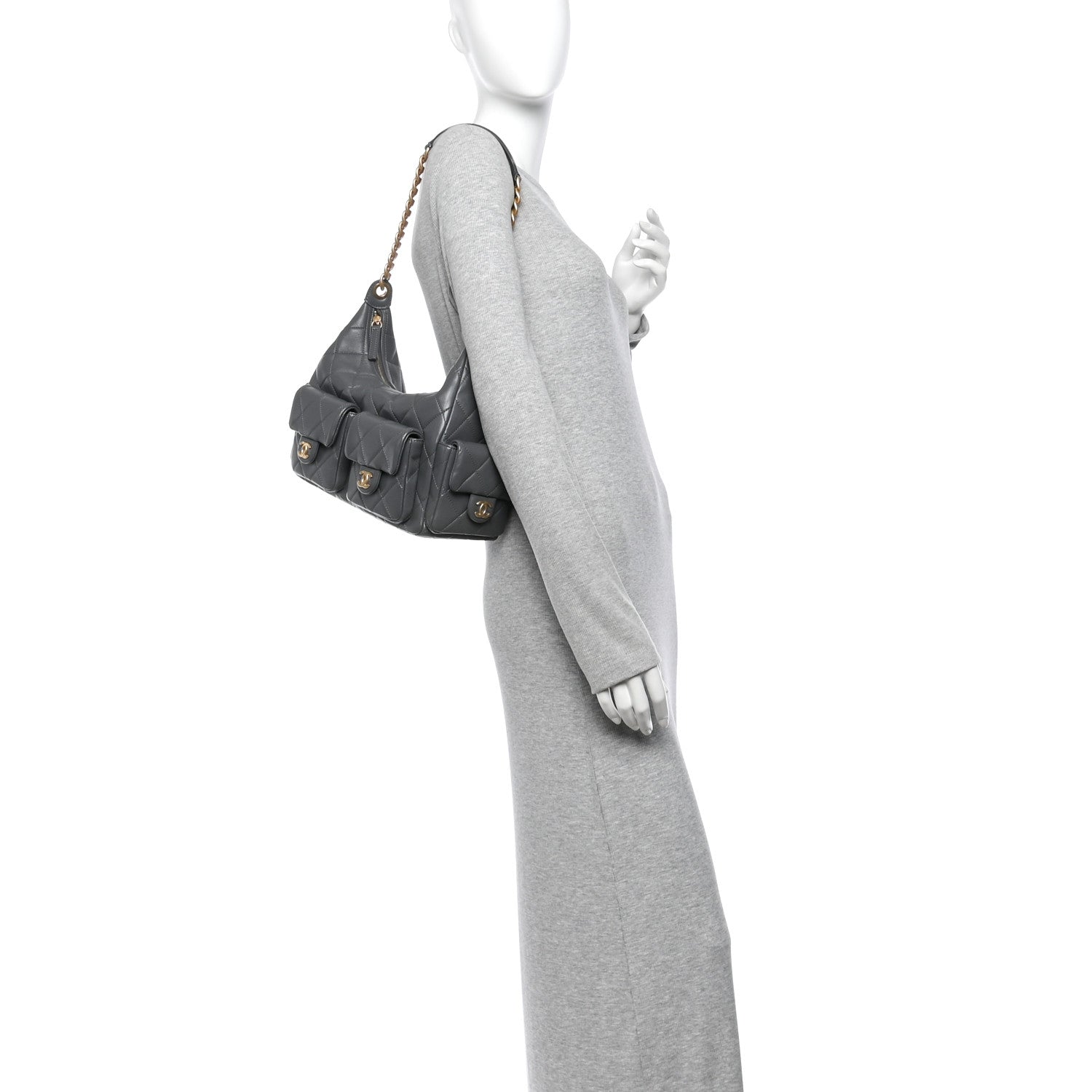 Chanel Shiny Lambskin Quilted Trendy Pockets Hobo Dark Grey 2 of 10