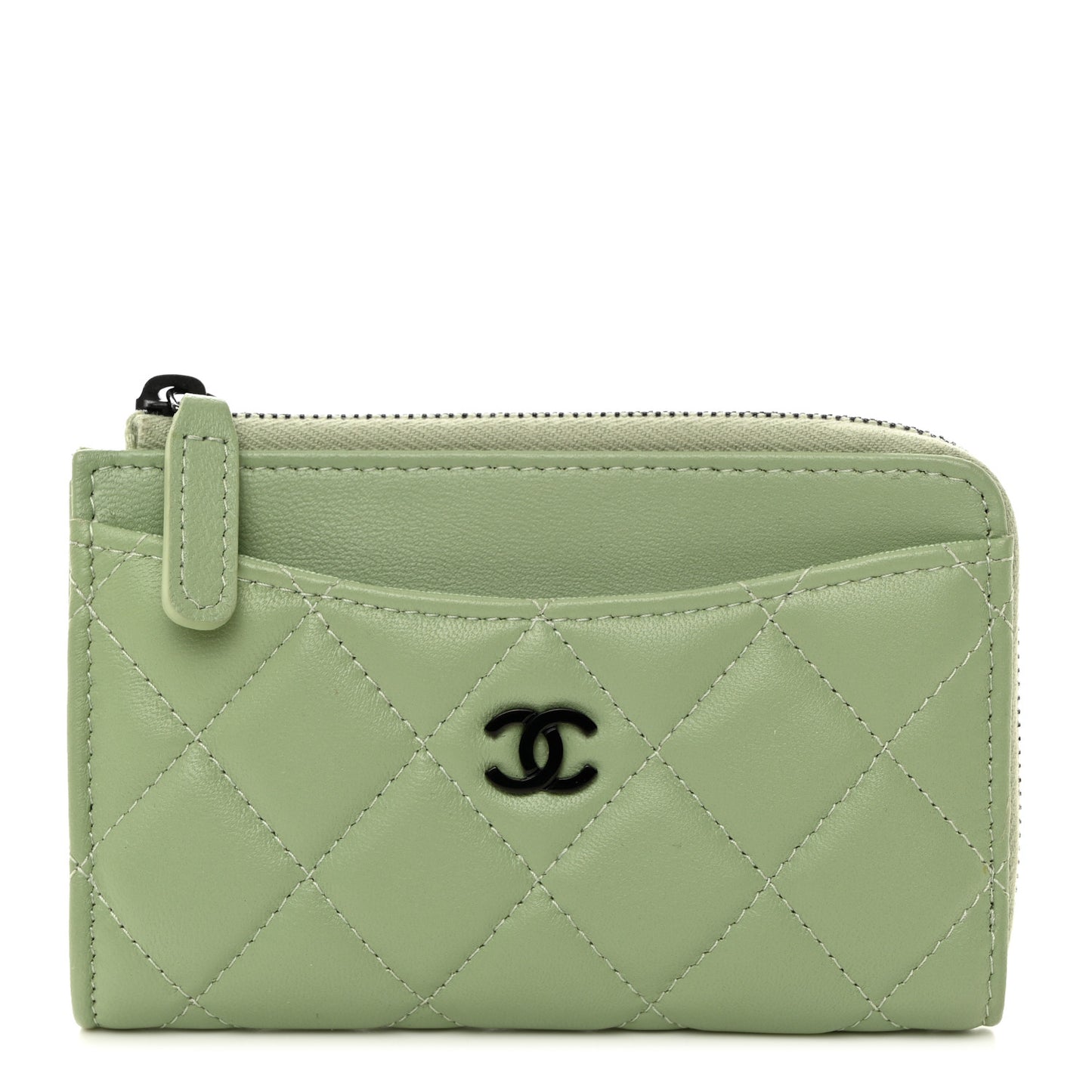 Lambskin Quilted CC Zip Around Card Holder Light Green