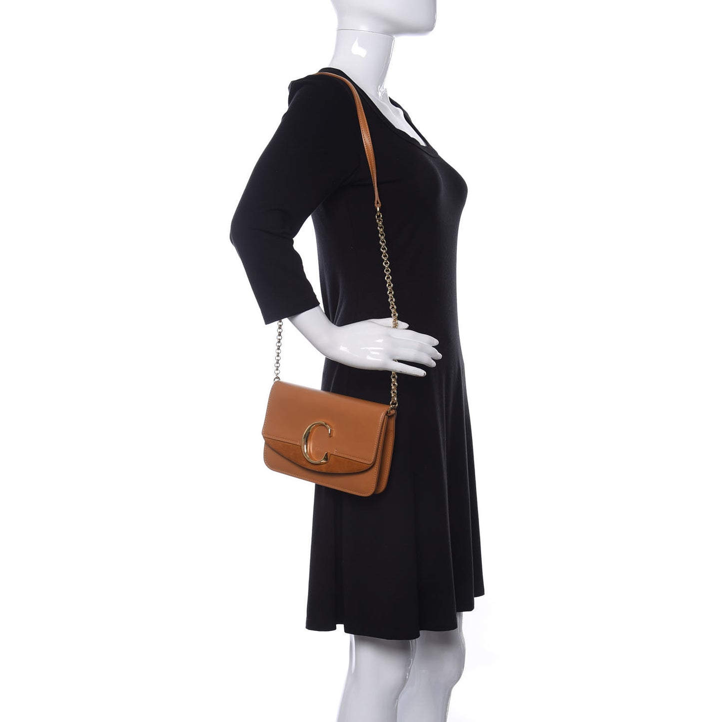 Calfskin Suede C Clutch With Chain Autumnal Brown