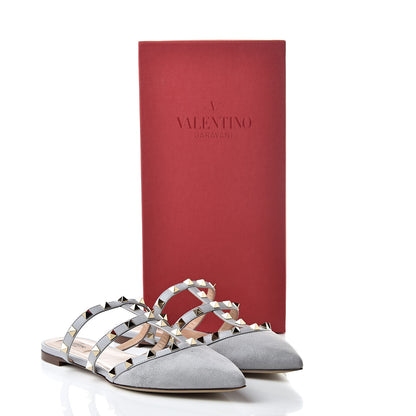Valentino Garavani Suede Rockstud Flat Cage Mules 37.5 Pastel Grey 9 of 9