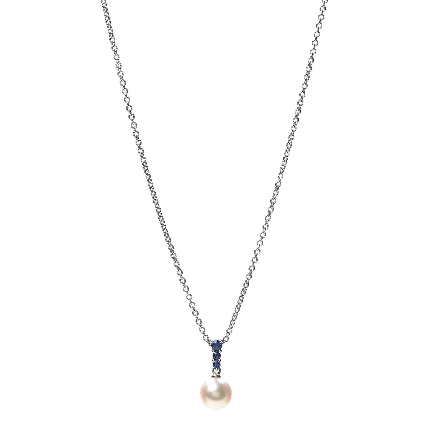 18K White Gold Blue Sapphire Akoya Pearl 8mm Morning Dew Pendant Necklace