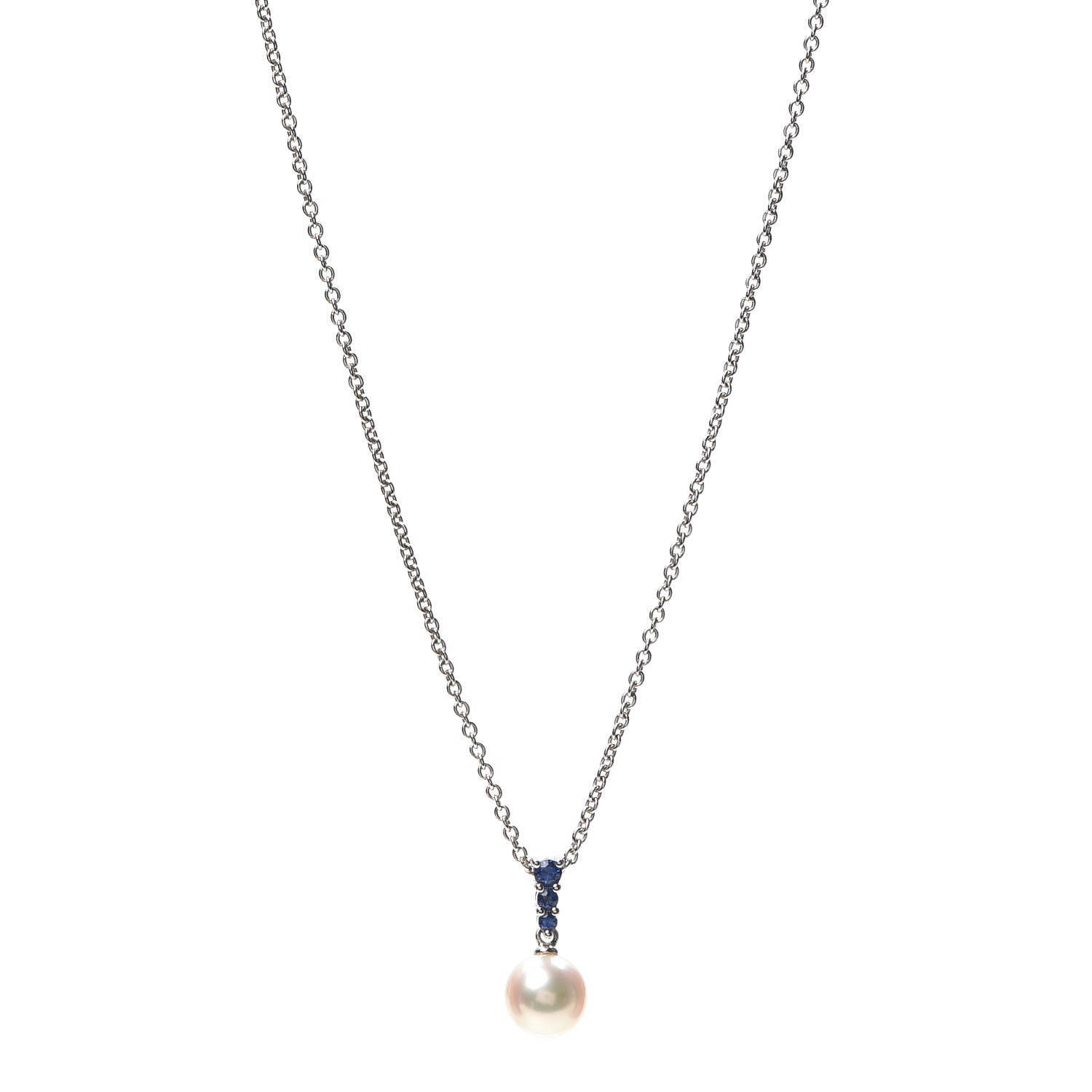 Mikimoto 18K White Gold Blue Sapphire Akoya Pearl 8mm Morning Dew Pendant Necklace 1 of 7