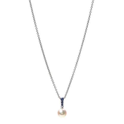Mikimoto 18K White Gold Blue Sapphire Akoya Pearl 8mm Morning Dew Pendant Necklace 1 of 7
