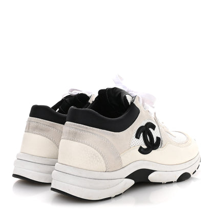 Chanel Mesh Suede Calfskin Grained Calfskin Womens CC Sneakers 38.5 White Black 5 of 9