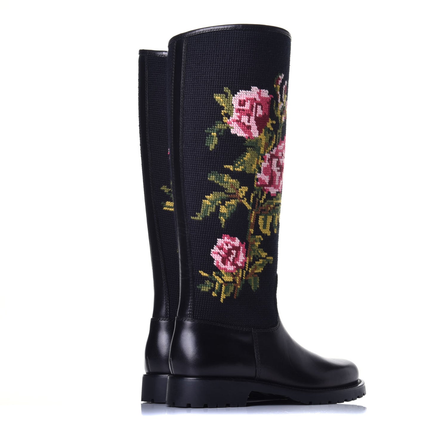 Woven Wool Embroidered Calfskin Knee High Boot 36.5 Black