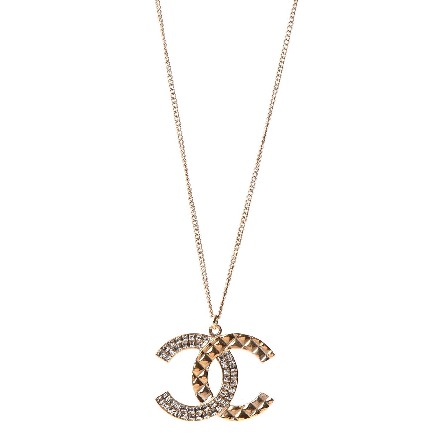 Baguette Crystal Quilted CC Pendant Necklace Gold