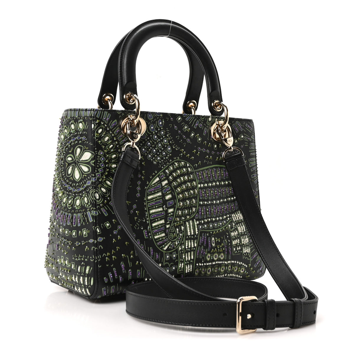 Smooth Calfskin Beaded Animals Medium Lady Dior Black Multicolor