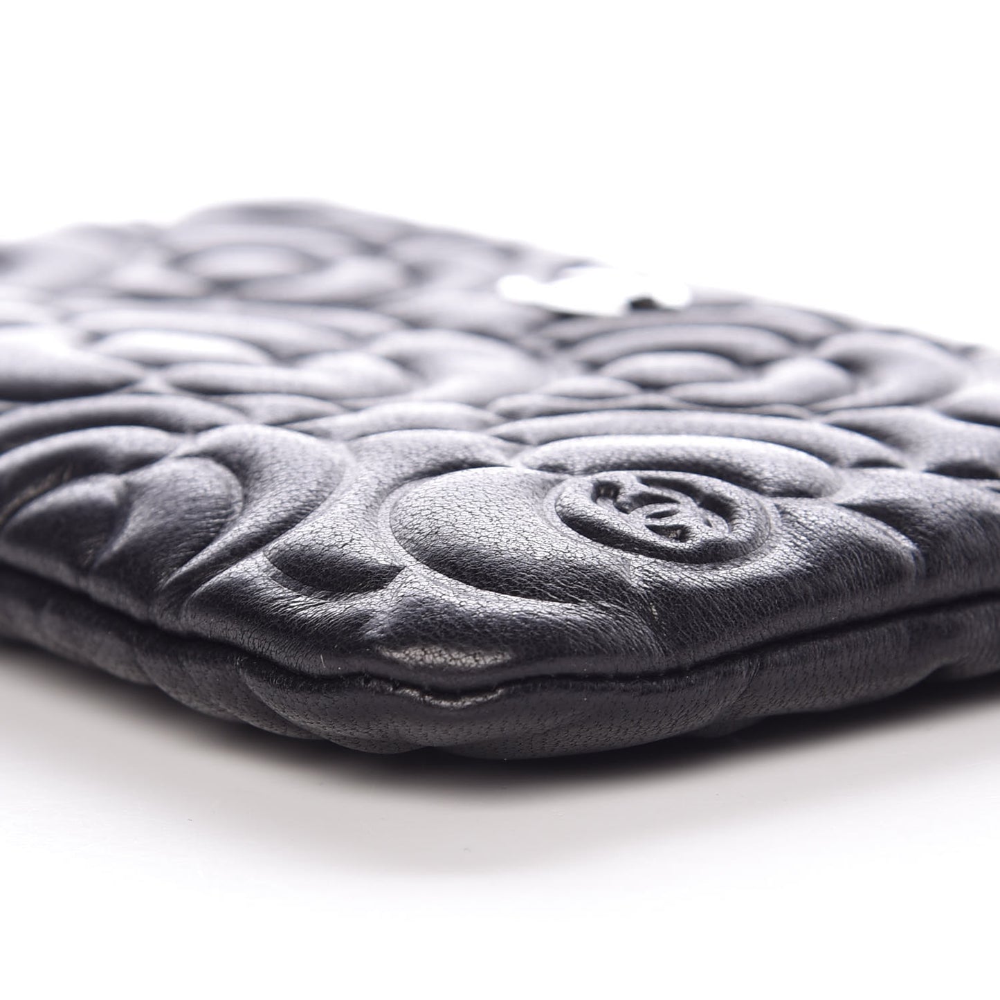 Goatskin Camellia Embossed Cosmetic Pouch Black
