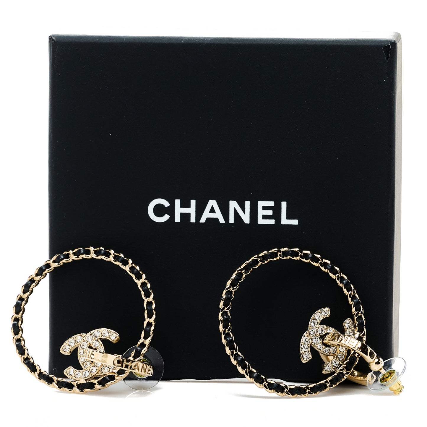 Metal Crystal Lambskin CC Chain Hoop Earrings Gold Black