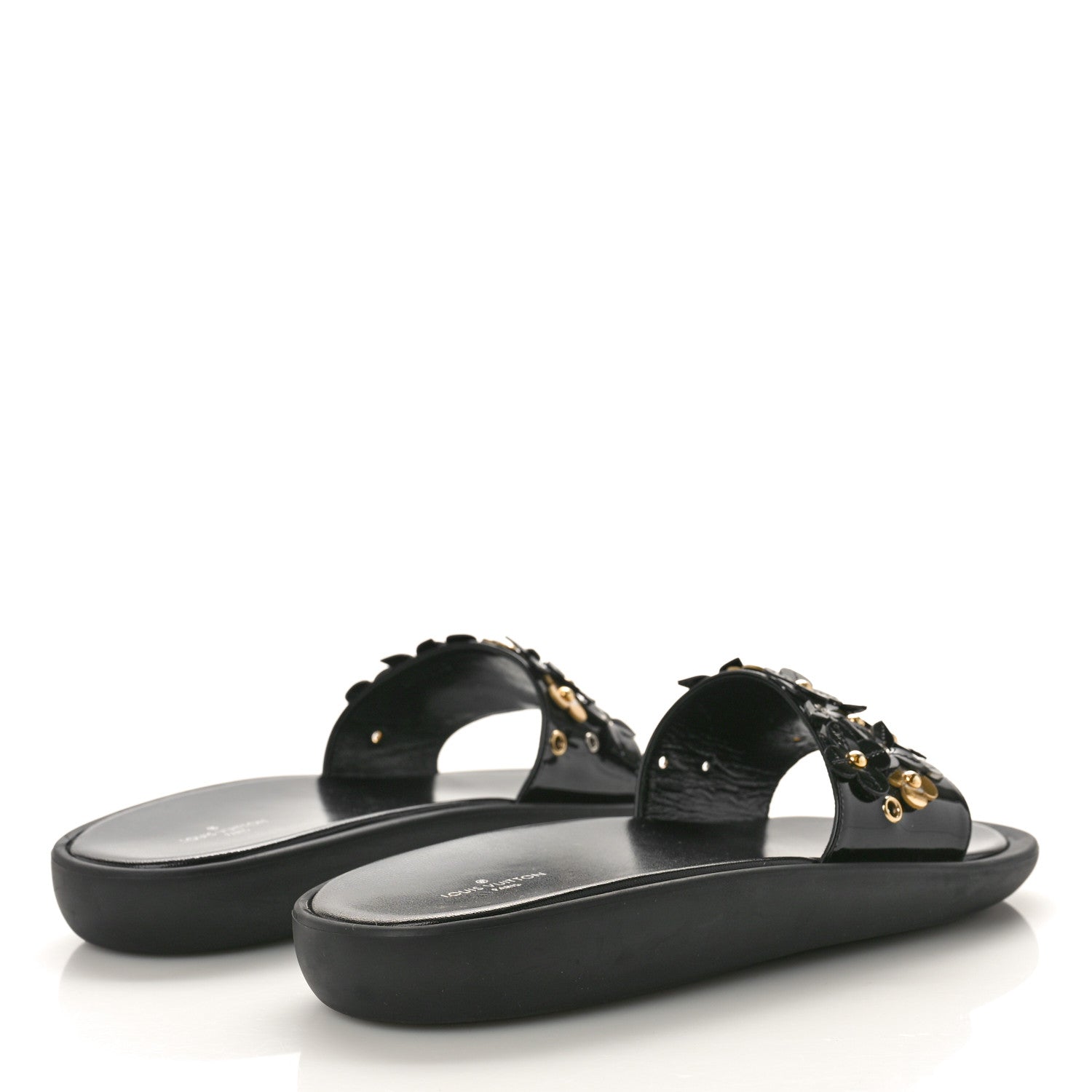 Louis Vuitton Patent Sunbath Flower Slide Sandals 37 Black Gold 3 of 9