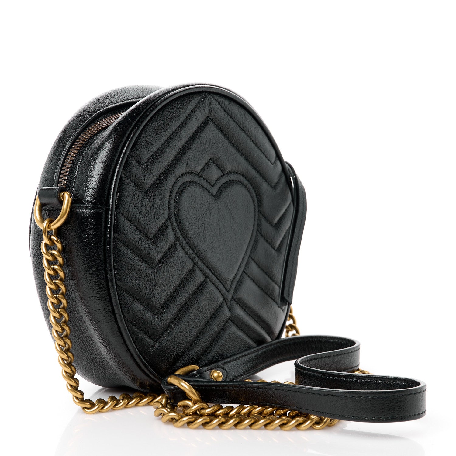 Gucci Azalea Calfskin Matelasse Heart Mini GG Marmont Round Shoulder Bag Black 3 of 13