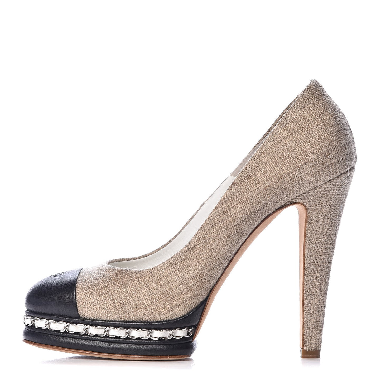 Linen Lambskin CC Chain Cap Toe Platform Pumps 40 Beige Fonce Black