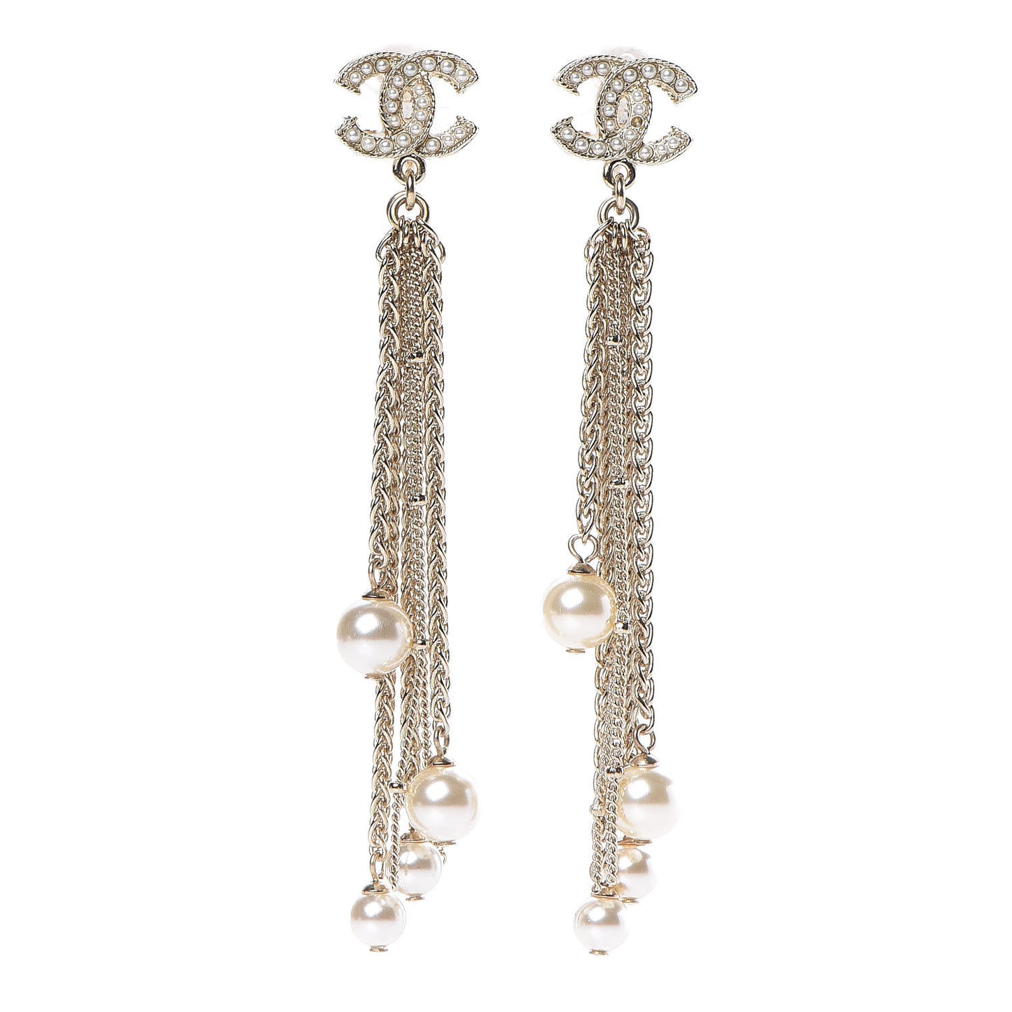 Pearl Chain CC Dangle Clip On Earrings Gold