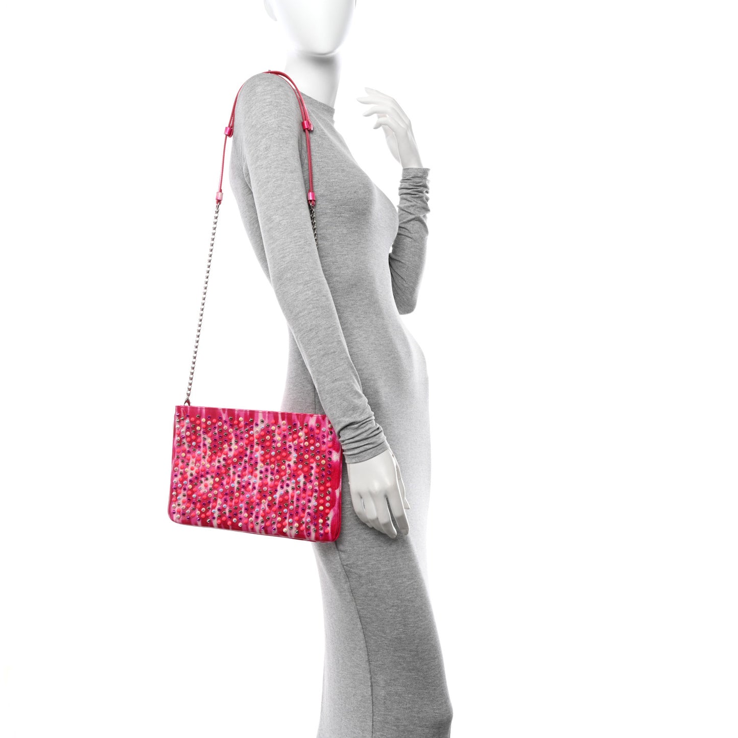 CHRISTIAN LOUBOUTIN Patent Glittart Studded Loubiposh Chain Clutch Shocking Pink