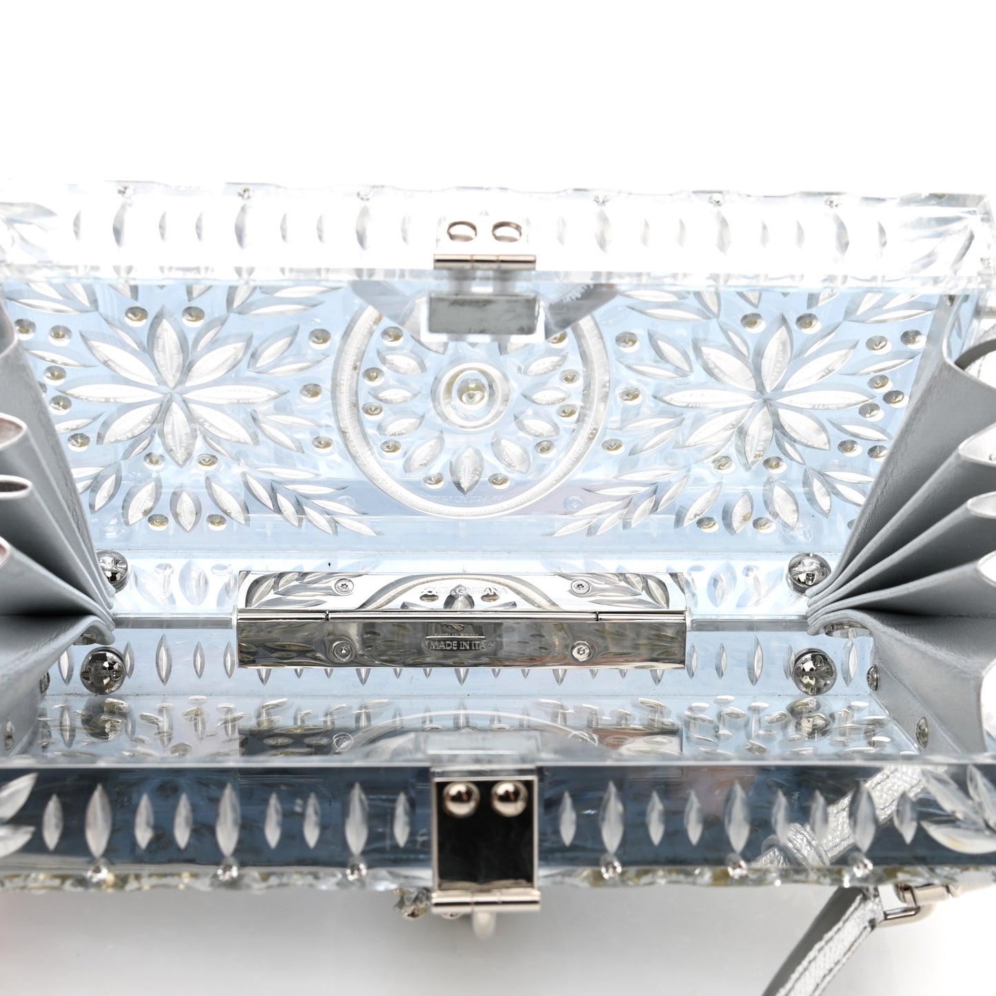 Crystal Embellished Plexiglass Dolce Box Clutch Silver