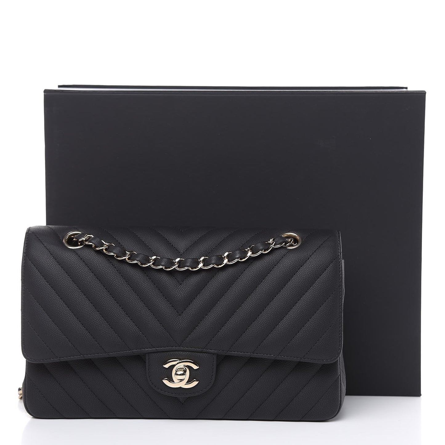 Caviar Chevron Quilted Medium Double Flap Black