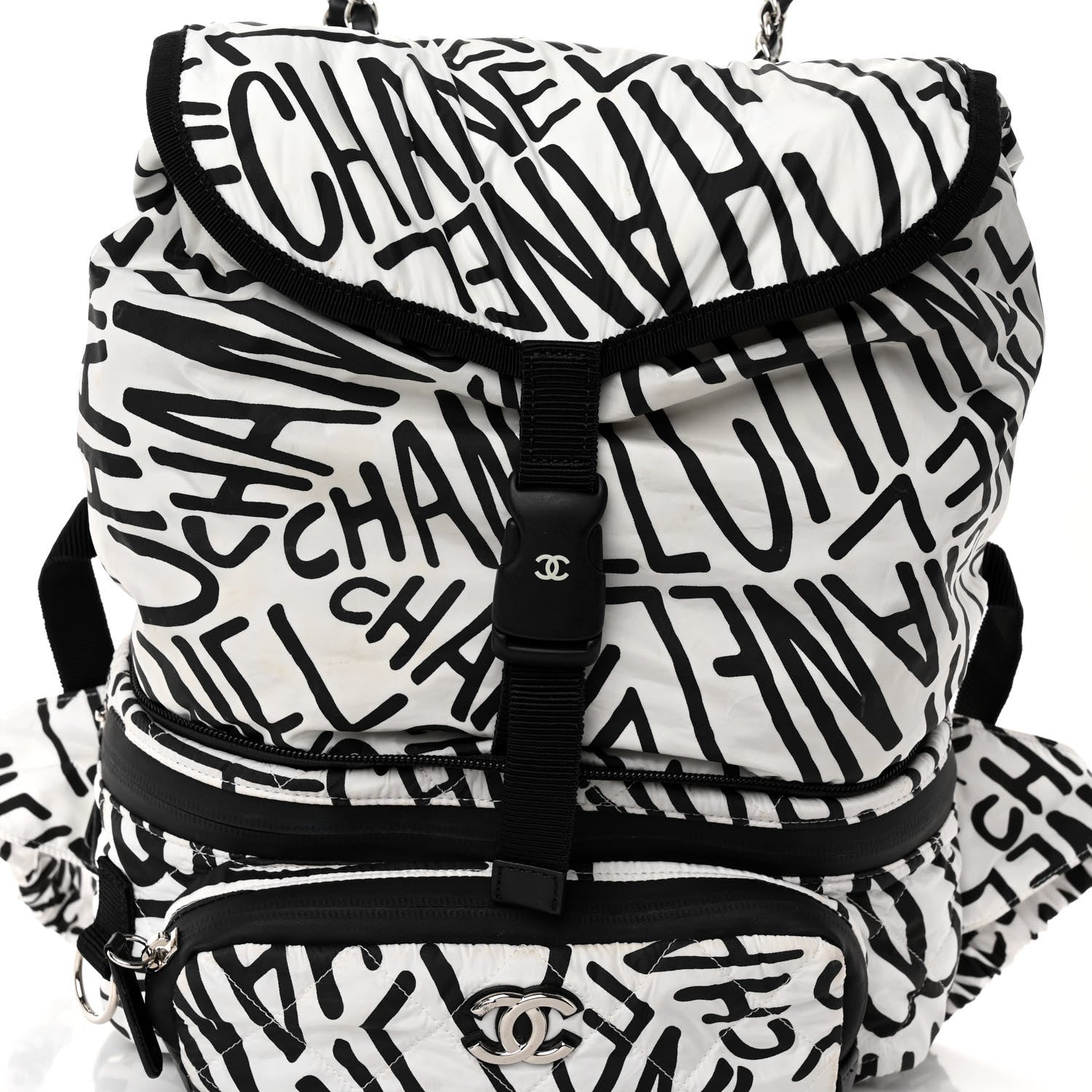 Chanel Nylon Printed Quilted Coco Neige Convertible Backpack Black White 10 of 12