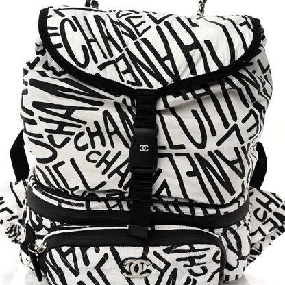 Chanel Nylon Printed Quilted Coco Neige Convertible Backpack Black White 10 of 12