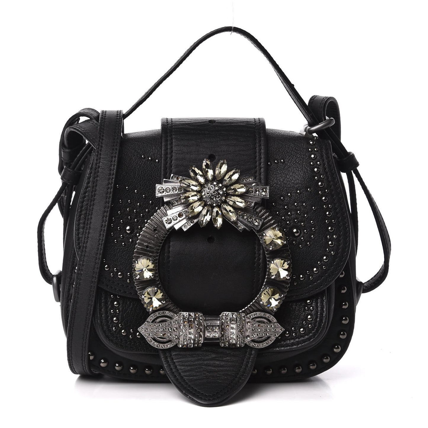 Goatskin Madras Soft Calfskin Crystal Embellished Dahlia Shoulder Bag Black