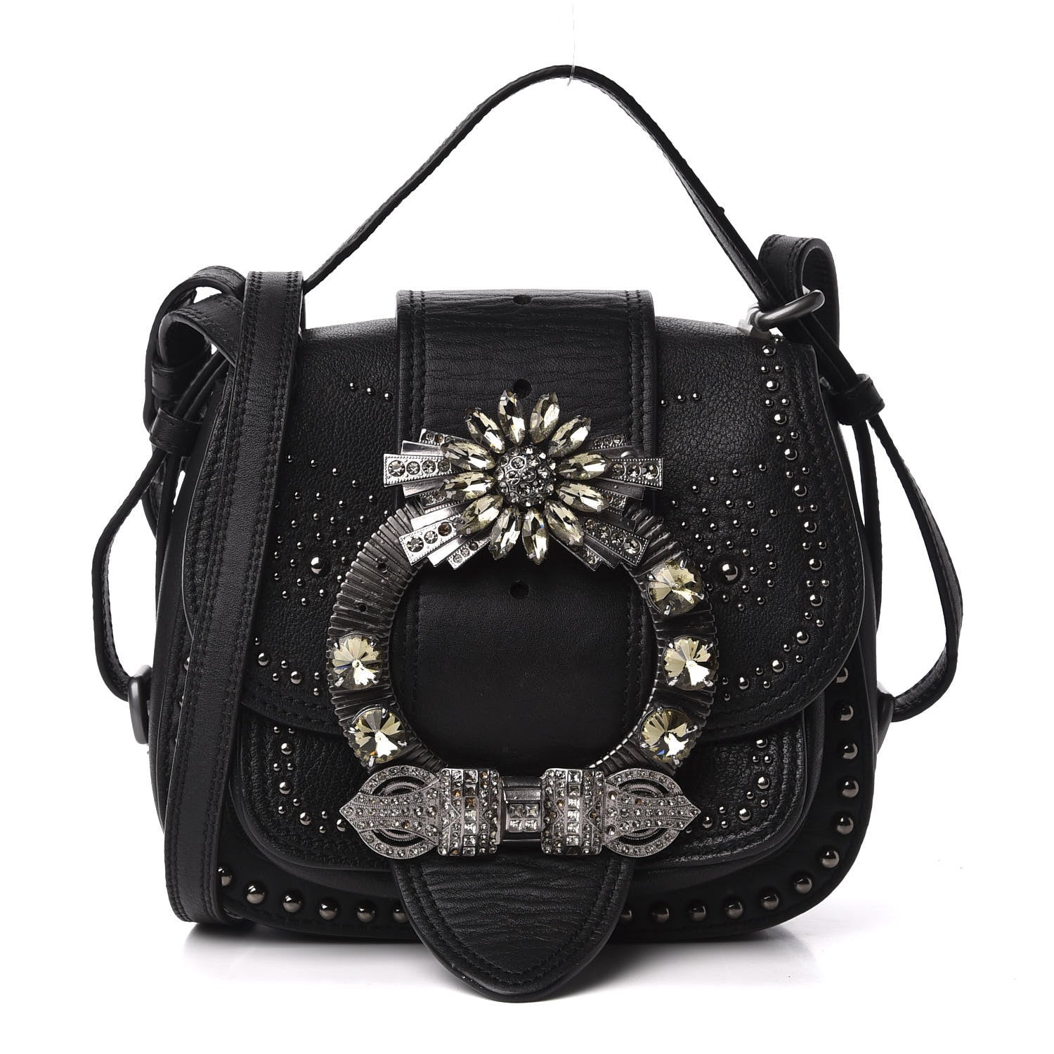 Miu Miu Goatskin Madras Soft Calfskin Crystal Embellished Dahlia Shoulder Bag Black 1 of 16