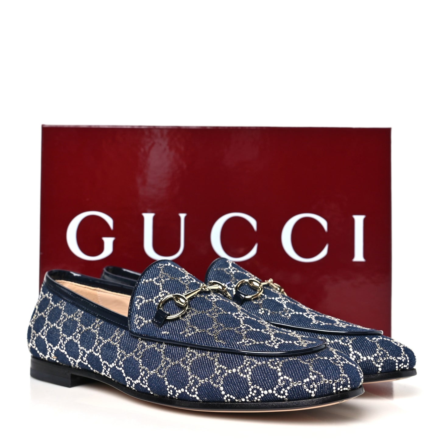 Denim Crystal GG Monogram Horsebit Womens Jordaan Loafers 38 Deep Blue Blue Milad
