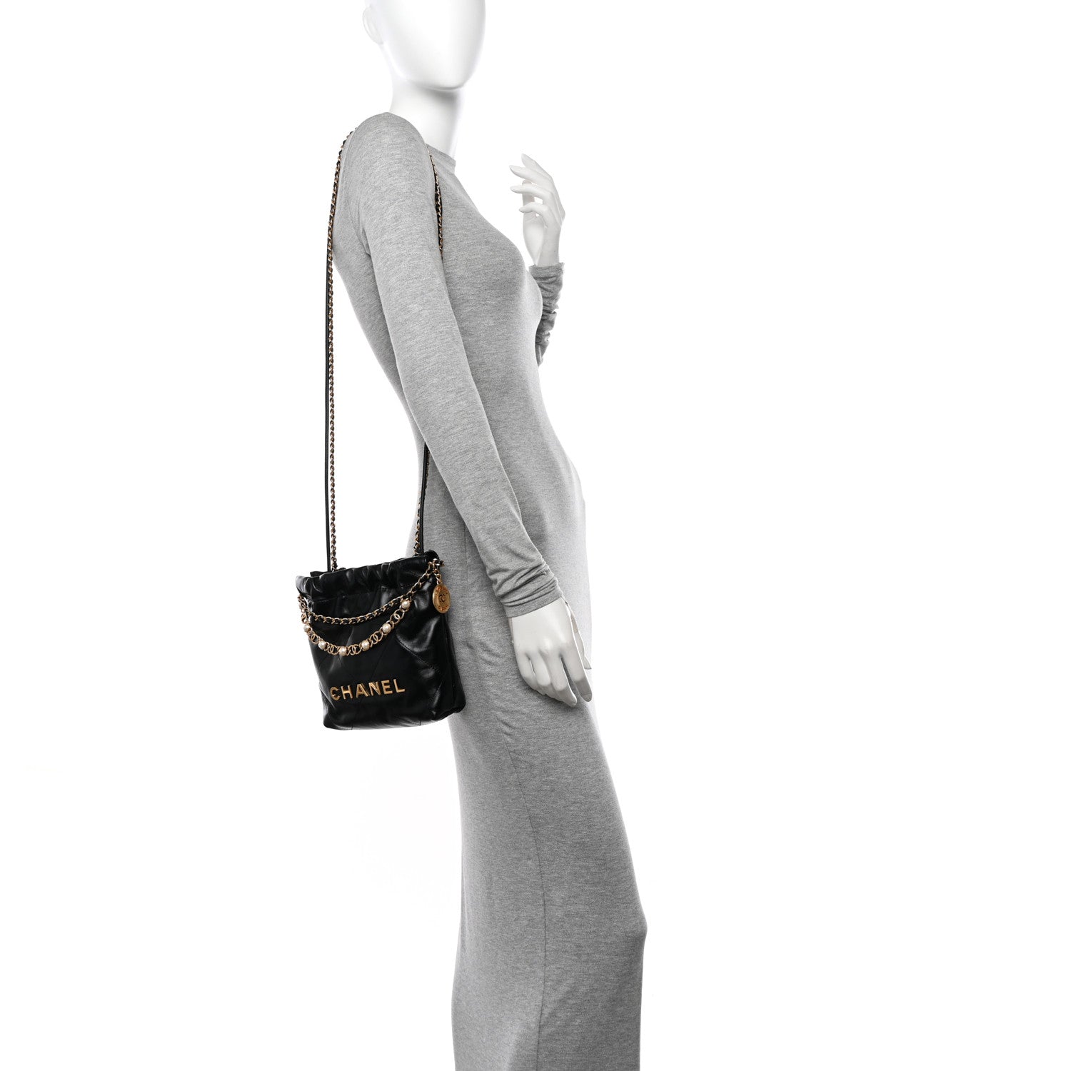 Chanel Shiny Calfskin Quilted Pearl CC Chain Mini Chanel 22 Black 2 of 11