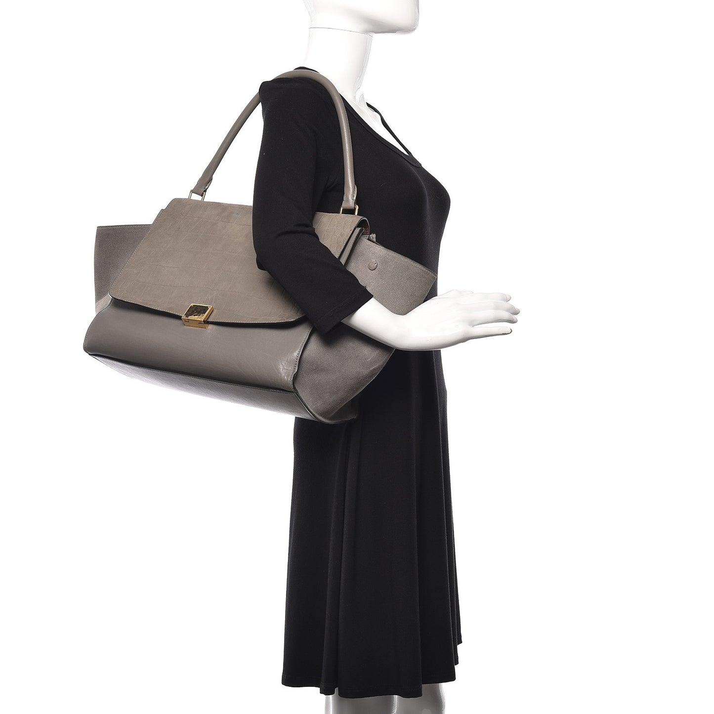 Crocodile Embossed Calfskin Suede Large Trapeze Grey