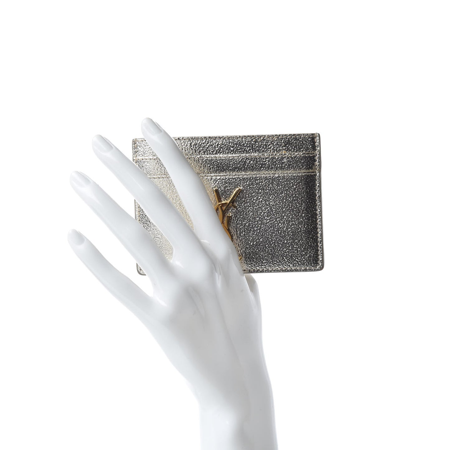 Metallic Calfskin Monogram Credit Card Case Argento