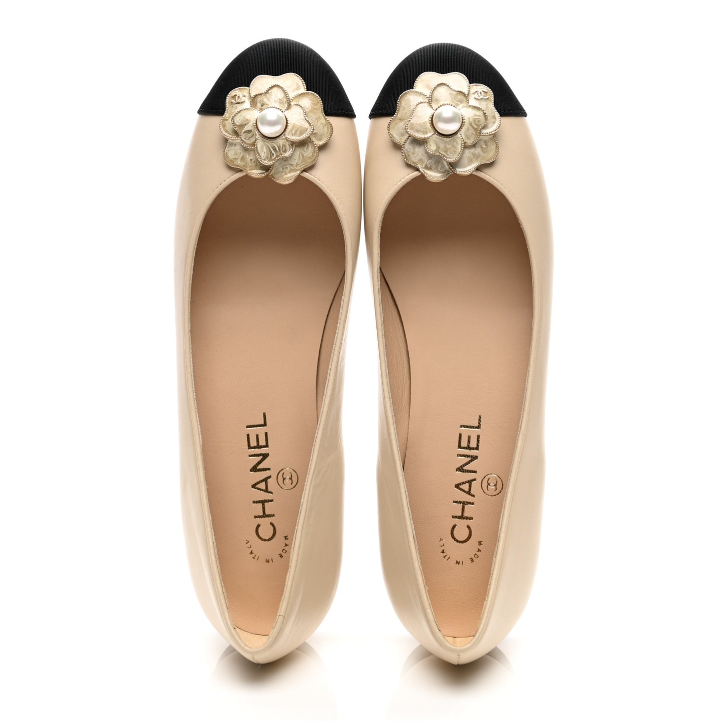 Calfskin Grosgrain Pearl Camellia Ballerina Flats 39 Beige Black