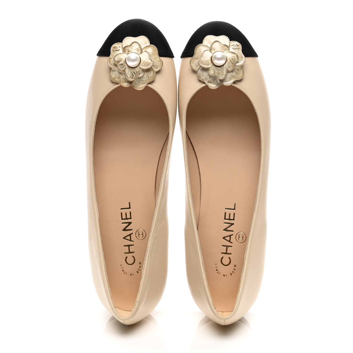 Chanel Calfskin Grosgrain Pearl Camellia Ballerina Flats 39 Beige Black 2 of 9