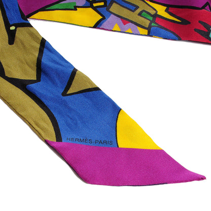 Hermes Silk Graff Graffiti Twilly Fuchsia Kaki Jaune 5 of 5