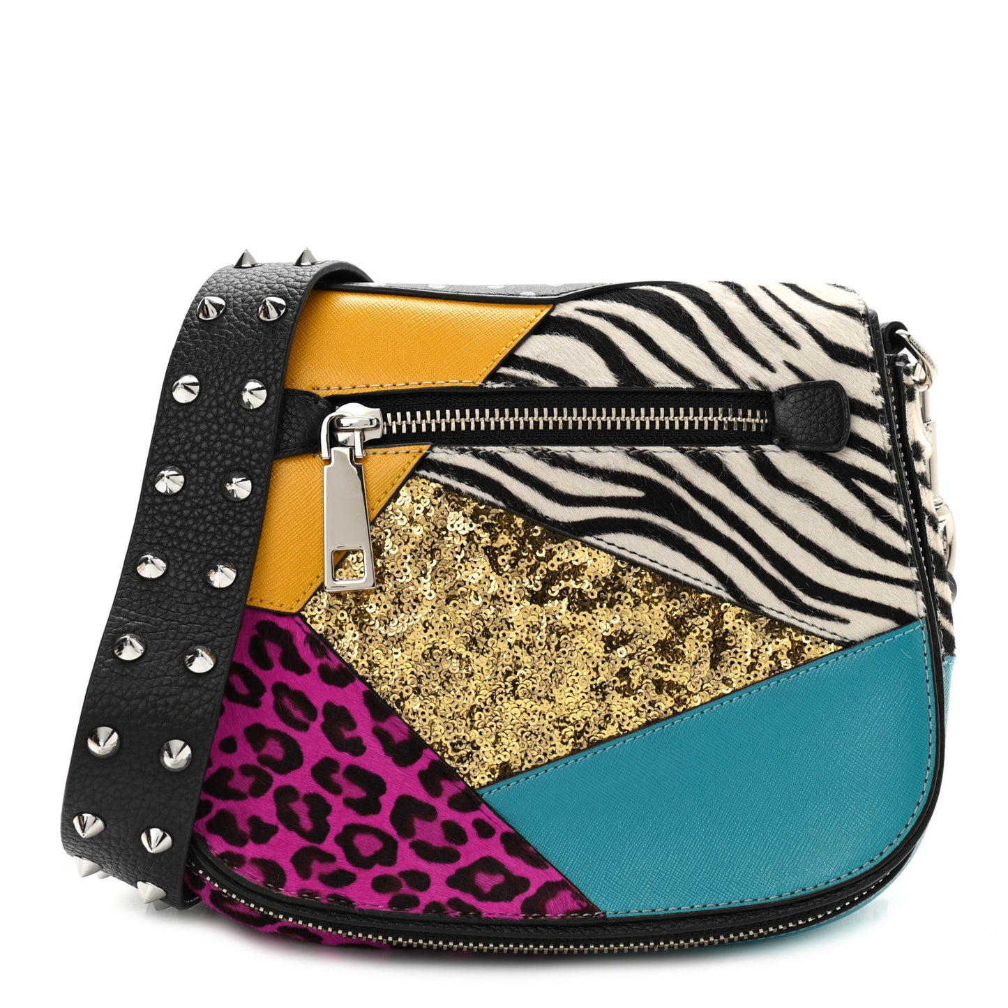 Calfskin Print Nomad Patchwork Saddle Bag Black Multicolor