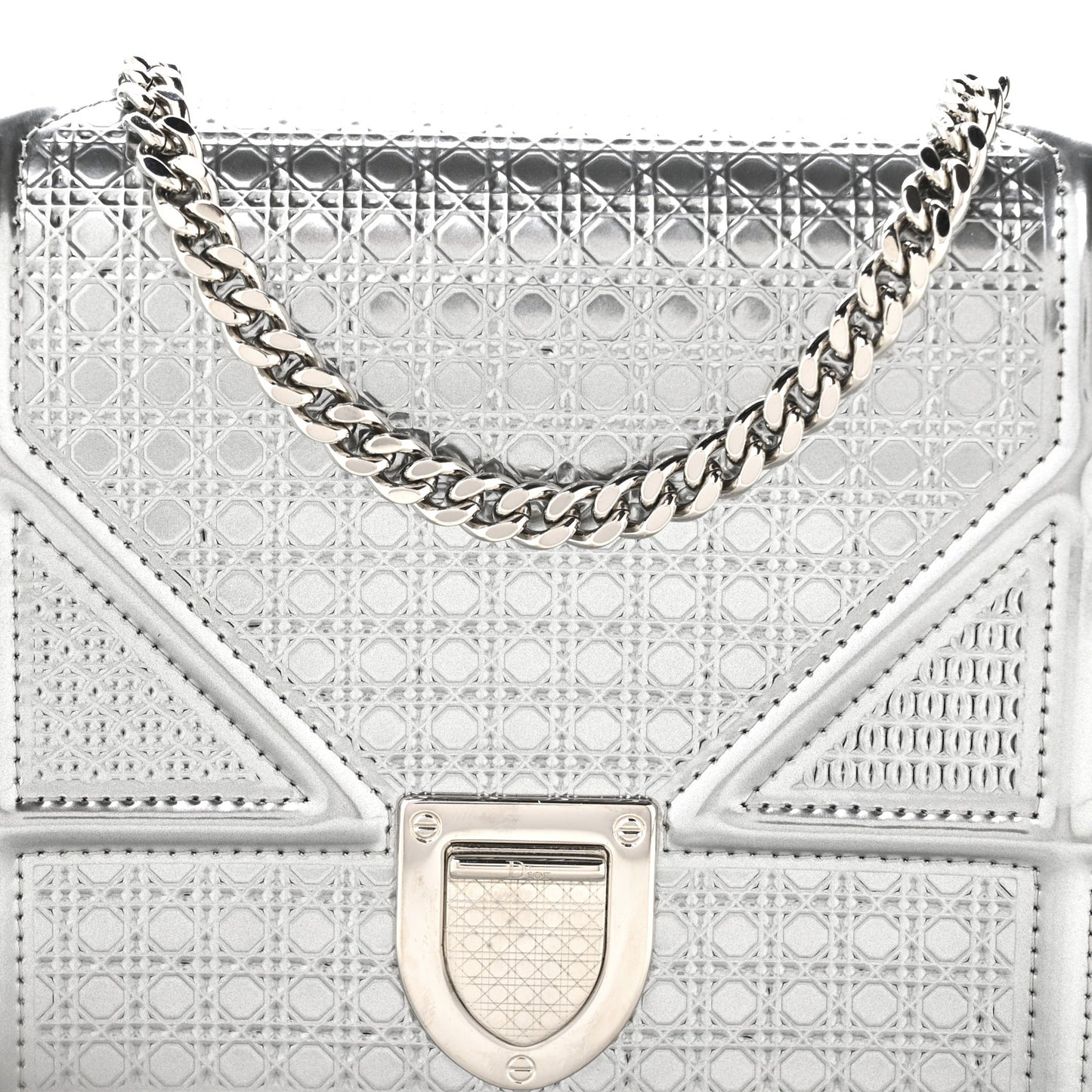 Metallic Patent Micro-Cannage Diorama Wallet on Chain Pouch Silver