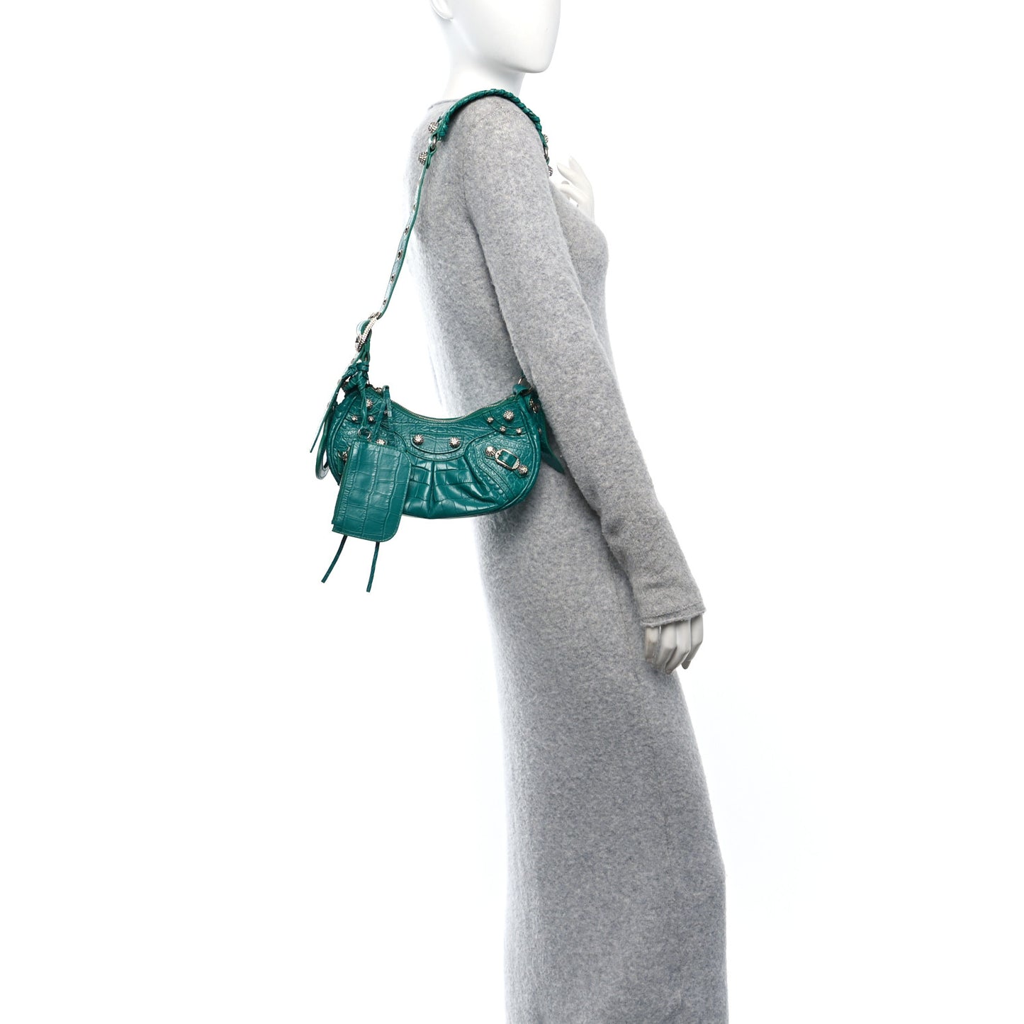 Extra Supple Calfskin Crystal Crocodile Embossed Le Cagole Shoulder Bag XS Jade