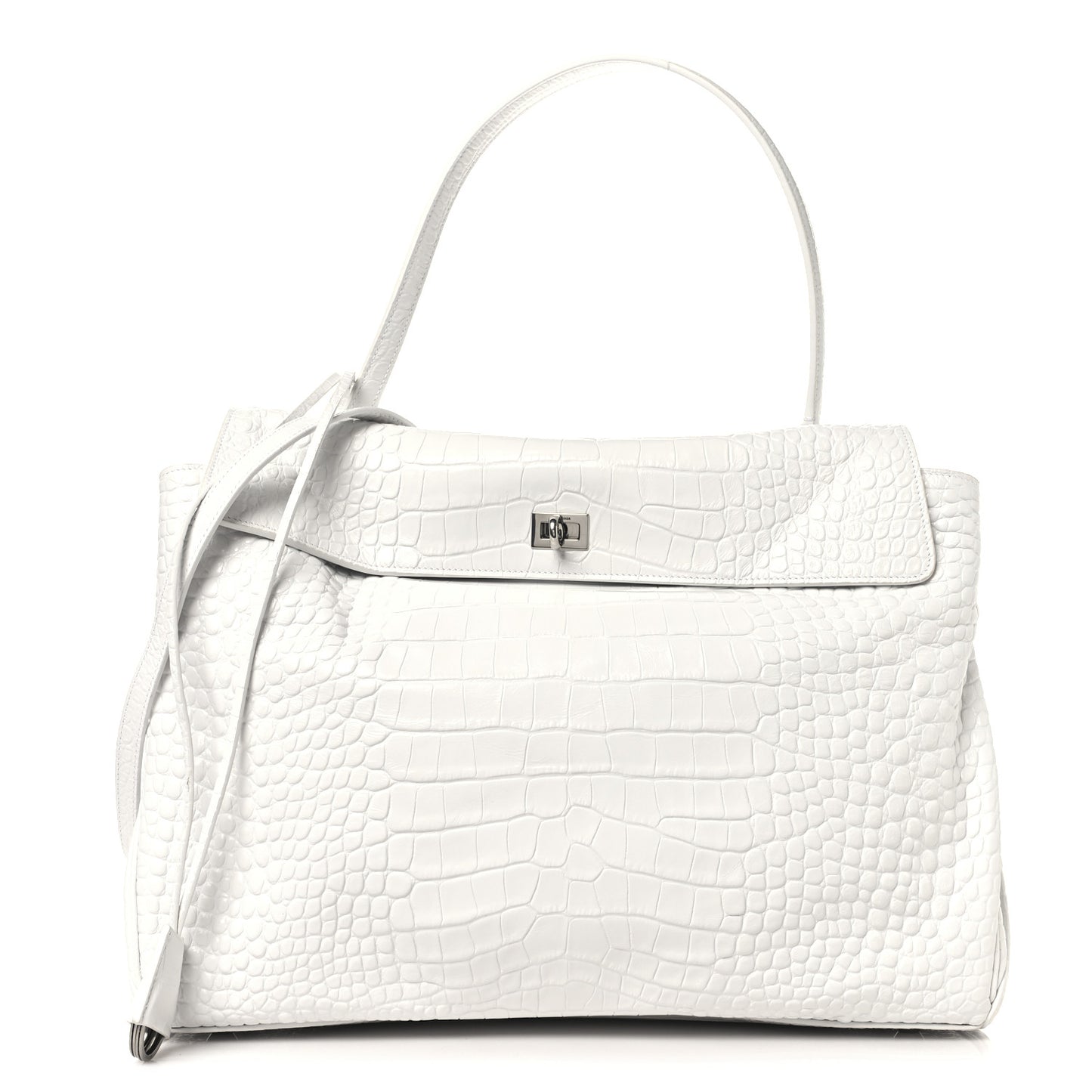 Shiny Calfskin Crocodile Embossed Large Rodeo Top Handle Handbag White