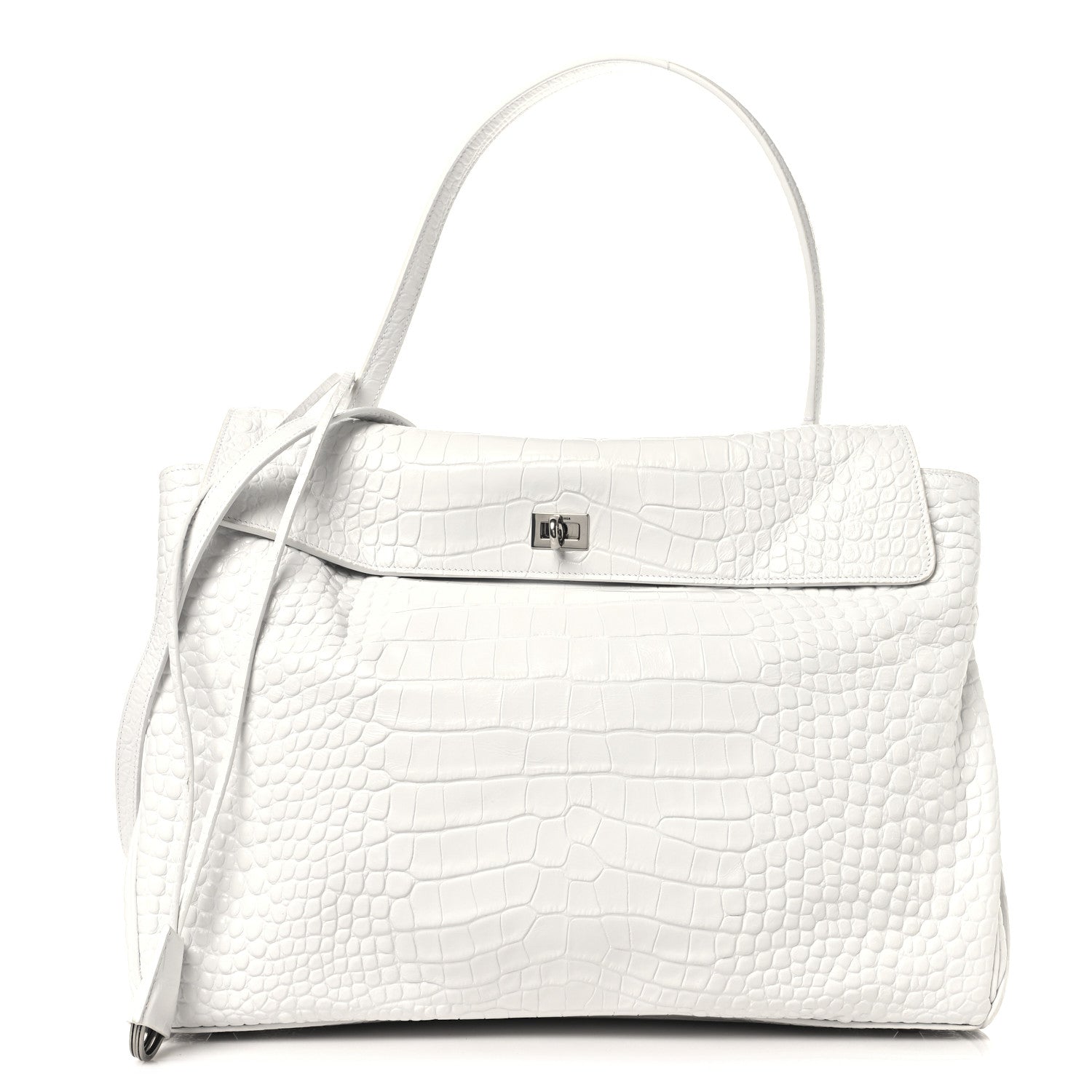 Balenciaga Shiny Calfskin Crocodile Embossed Large Rodeo Top Handle Handbag White 1 of 10
