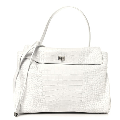 Balenciaga Shiny Calfskin Crocodile Embossed Large Rodeo Top Handle Handbag White 1 of 10
