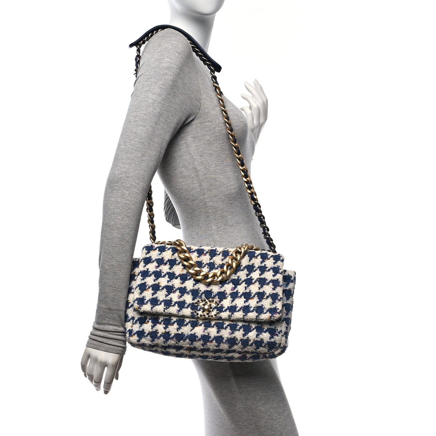 Tweed Quilted Large Chanel 19 Flap Ecru Navy Blue Multicolor