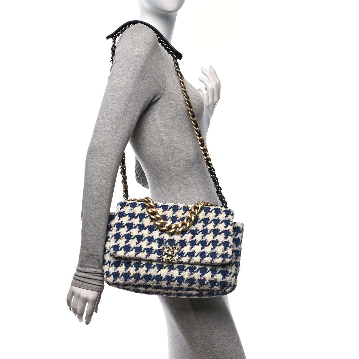 Chanel Tweed Quilted Large Chanel 19 Flap Ecru Navy Blue Multicolor 2 of 10